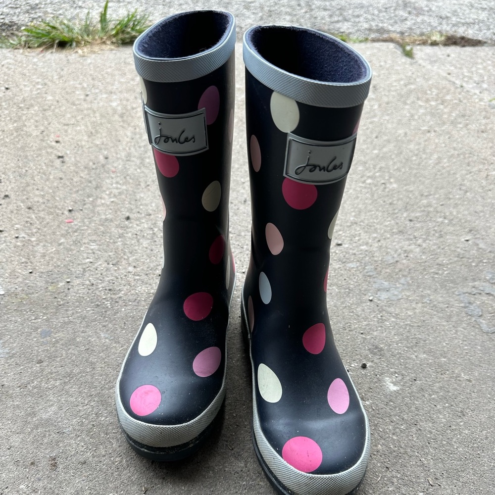 Joules Kids Black Rain Boots with Pink and Cream Polka Dots